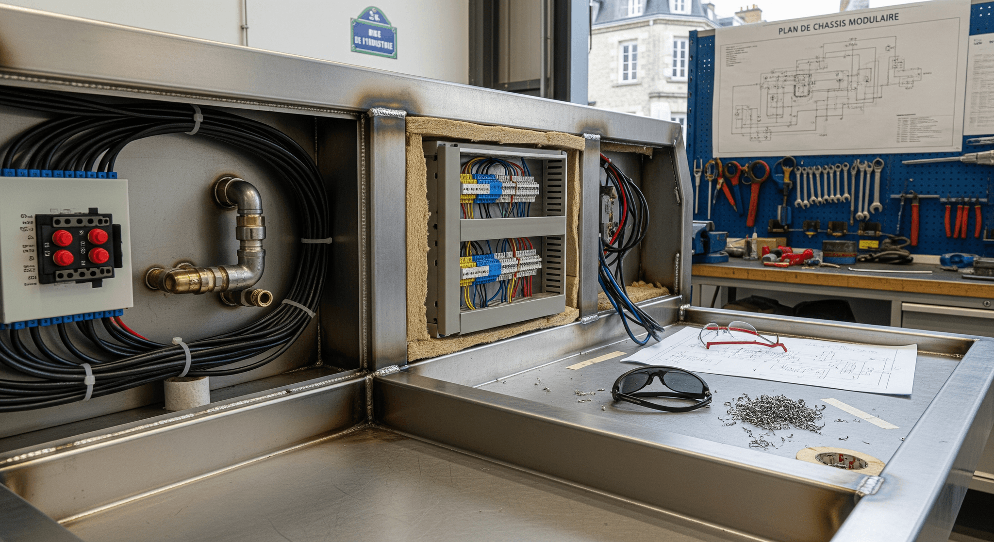 Intérieur de concept mobile en inox avec tableau électrique, câblage et plomberie en cours de fabrication chez MCR.