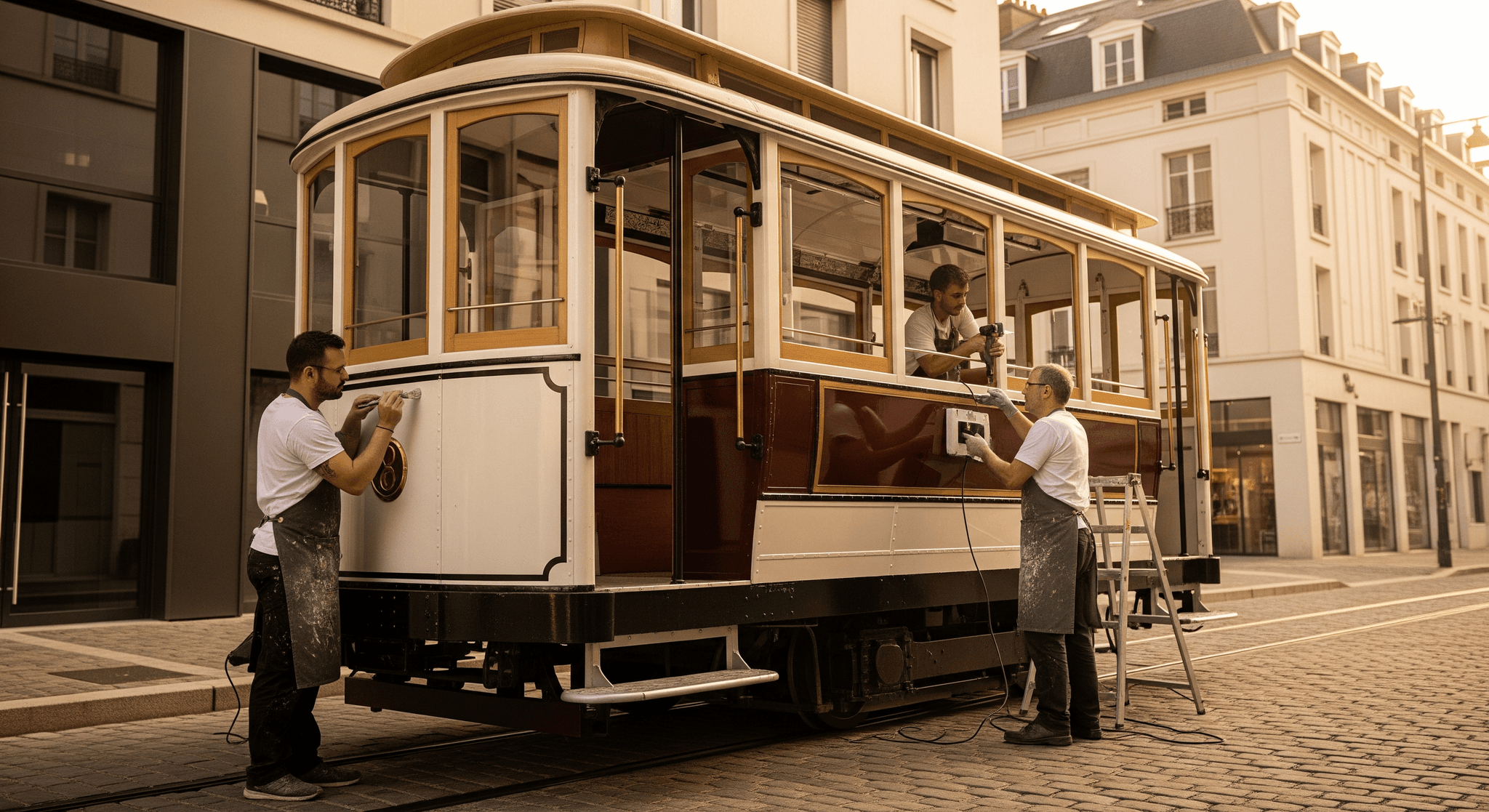 Artisans MCR personnalisant l'extérieur d'un wagon vintage en concept mobile de restauration événementielle.
