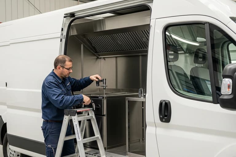 Technicien MCR finalise l'aménagement cuisine inox d'un food truck sur base Peugeot Boxer.