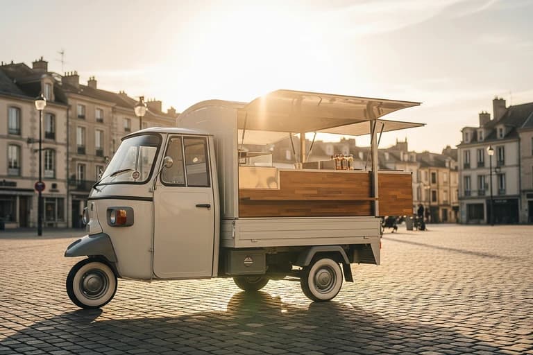 Piaggio Ape aménagé en comptoir mobile de restauration, finition bois, sur place historique au soleil couchant.