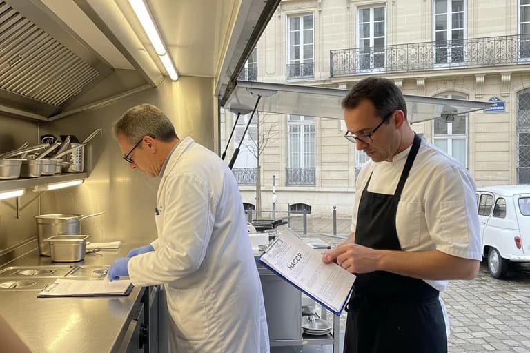 Deux professionnels examinent un plan HACCP dans la cuisine inox d'un food truck aménagé, accent sur la maîtrise sanitaire.