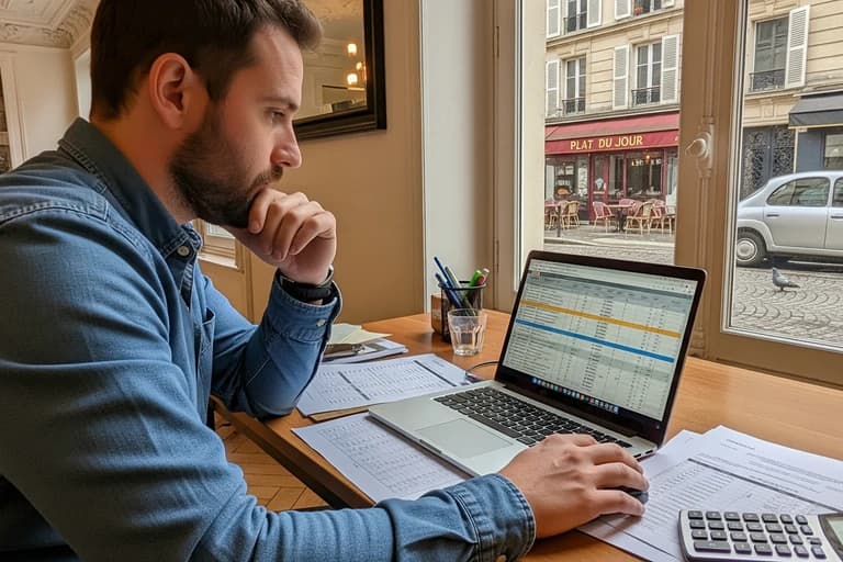 Homme travaillant sur un plan de trésorerie détaillé pour concept de restauration mobile sur ordinateur.
