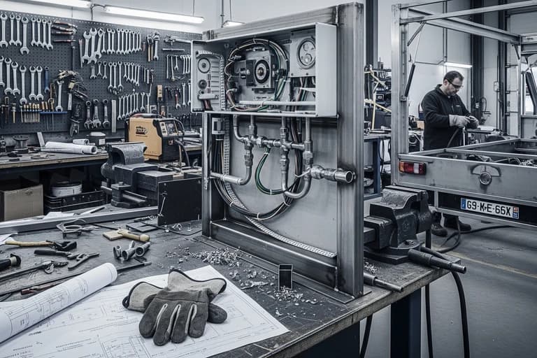 Aménagement technique d'un food truck MCR en atelier : armoire électrique, plomberie et gaz, plans, technicien à l'ouvrage.