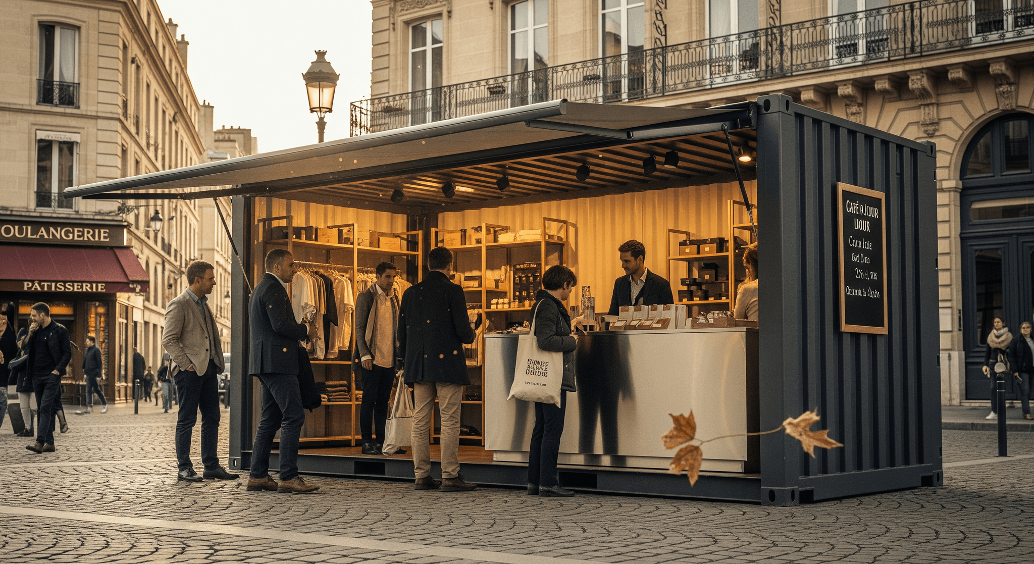 Container aménagé en boutique éphémère moderne avec auvent ouvert, exposant produits et café en centre-ville.