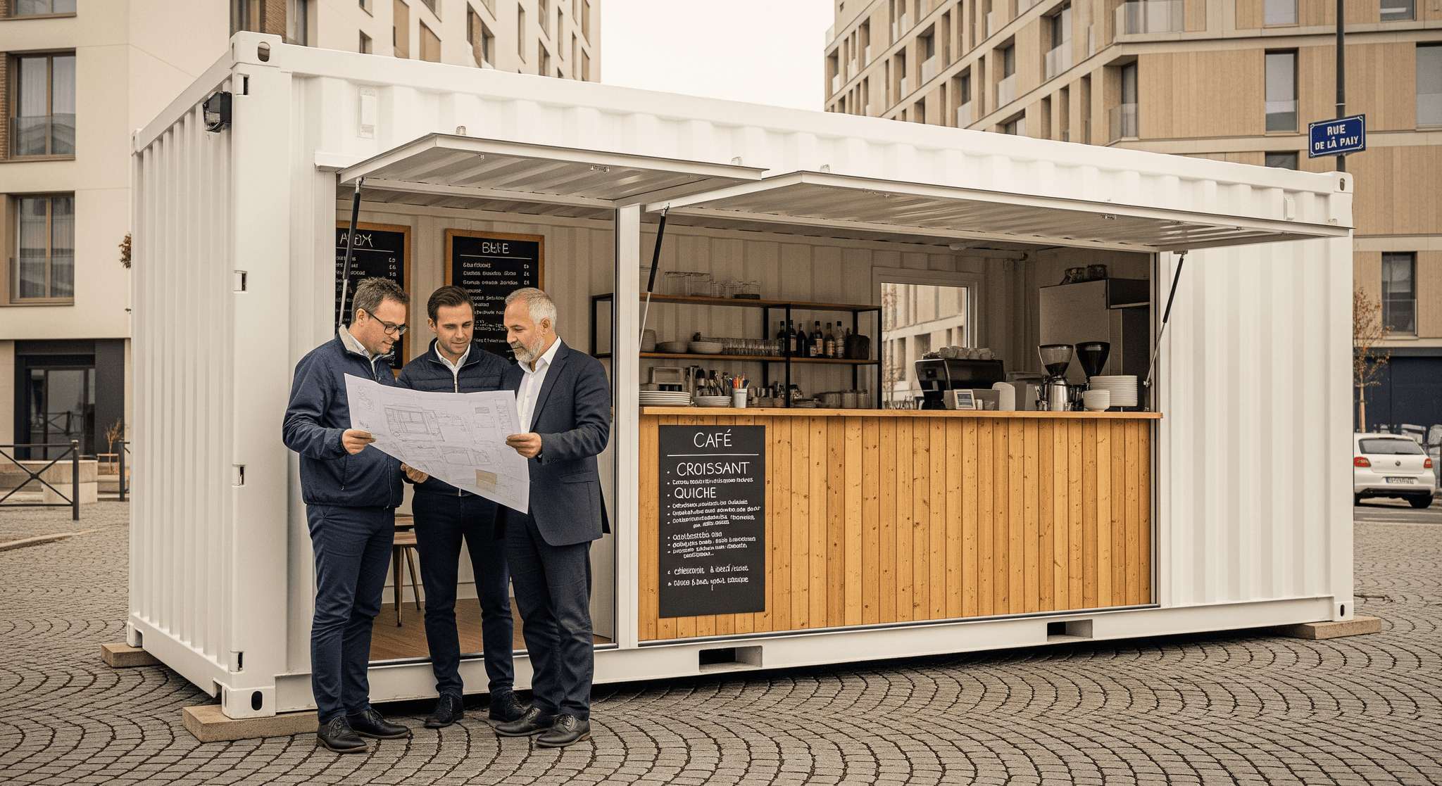 Container restaurant blanc aménagé avec comptoir bois, menu ardoise. Trois hommes examinent les plans d'un projet.
