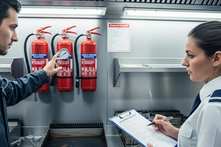 Contrôle de sécurité des extincteurs dans la cuisine professionnelle en inox d'un food truck MCR.
