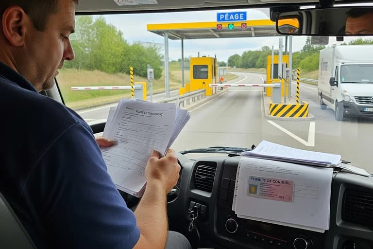 Conducteur étudiant des documents PTAC et permis de conduire dans un véhicule utilitaire à un péage. Réglementation food truck.