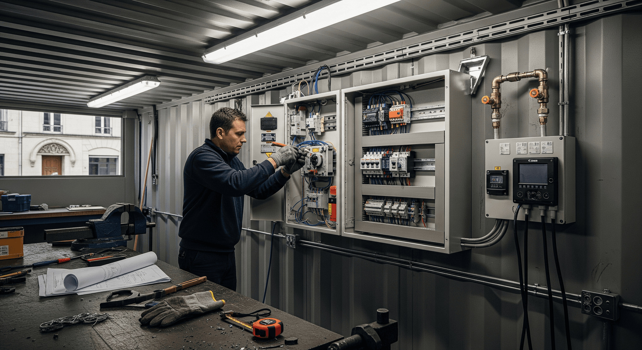 Technicien qualifié effectuant le raccordement électrique d'un tableau de distribution dans un container aménagé MCR.