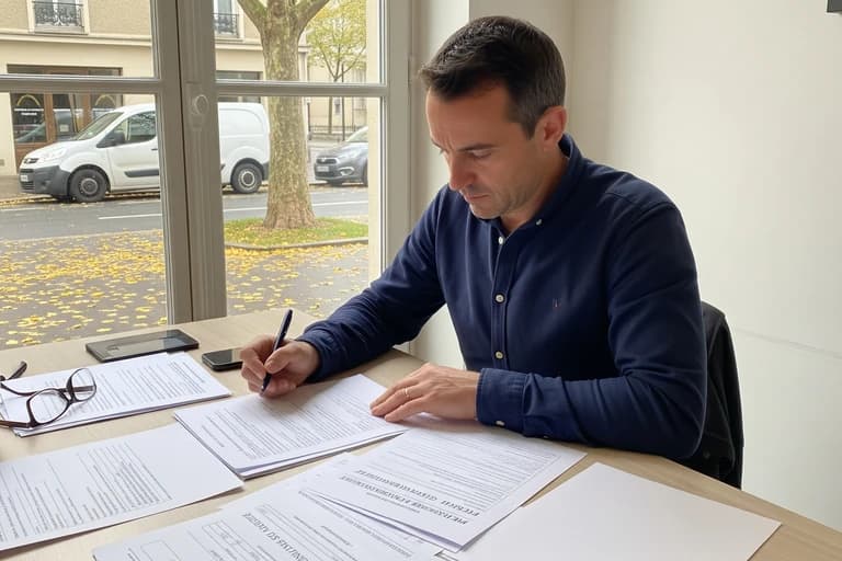 Entrepreneur remplissant des documents administratifs essentiels pour l'immatriculation d'un food truck ou concept mobile.