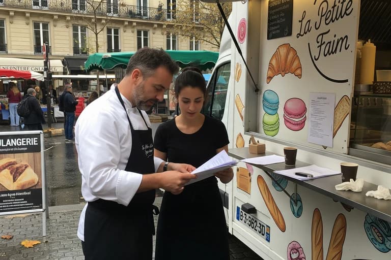 Chef et employée étudient des documents devant un food truck 'La Petite Faim' décoré de pâtisseries.