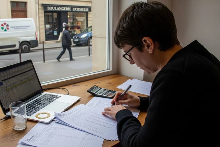 Gérant(e) de concept mobile de restauration calculant TVA et impôts sur des formulaires fiscaux.