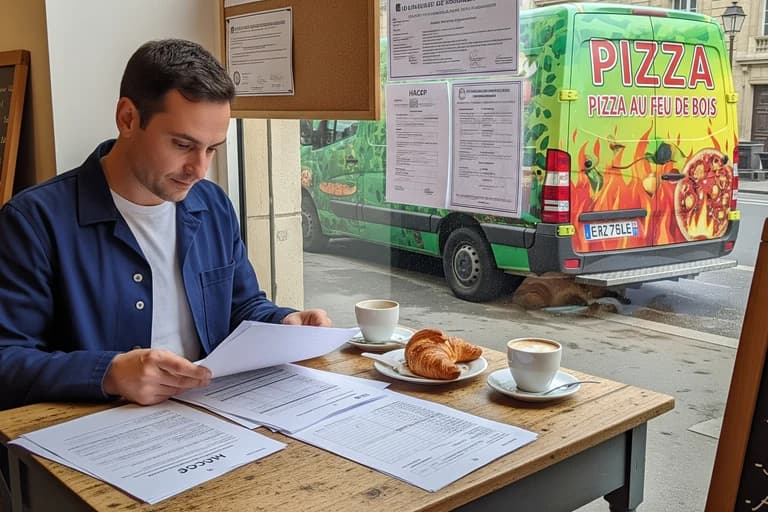 Homme étudiant des documents réglementaires devant un food truck pizza au feu de bois affichant des certifications HACCP.