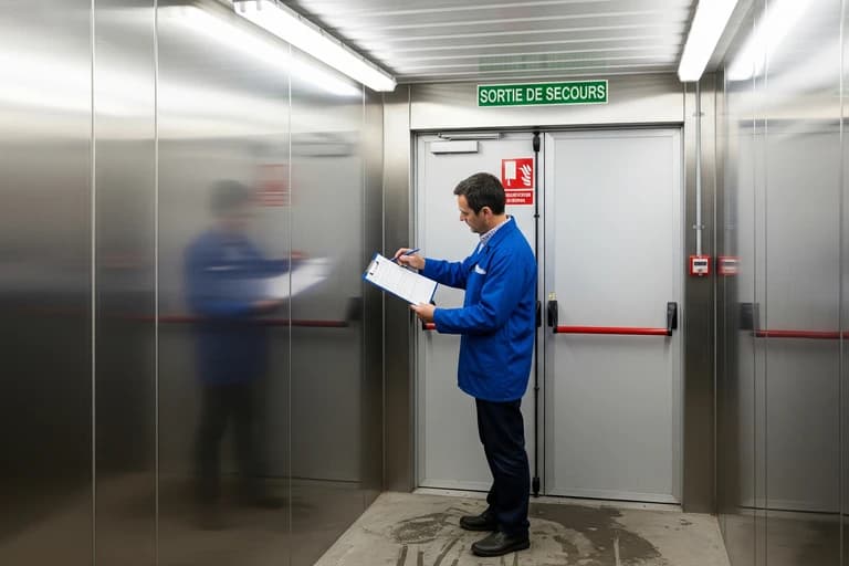 Technicien inspectant les normes de sécurité d'un container aménagé : sortie de secours, alarme incendie, murs inox.