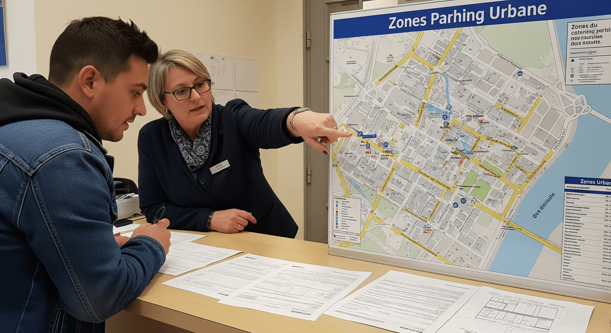 Conseillère municipale expliquant les zones de stationnement urbain sur une carte à un futur exploitant de food truck.