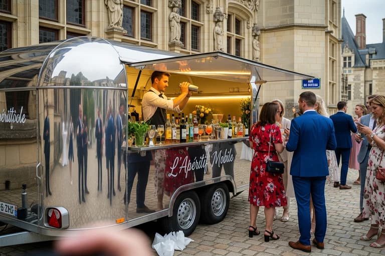 Remorque bar à cocktails chromée "L'Apéritif Mobile" avec barman préparant des boissons pour des convives à un événement.