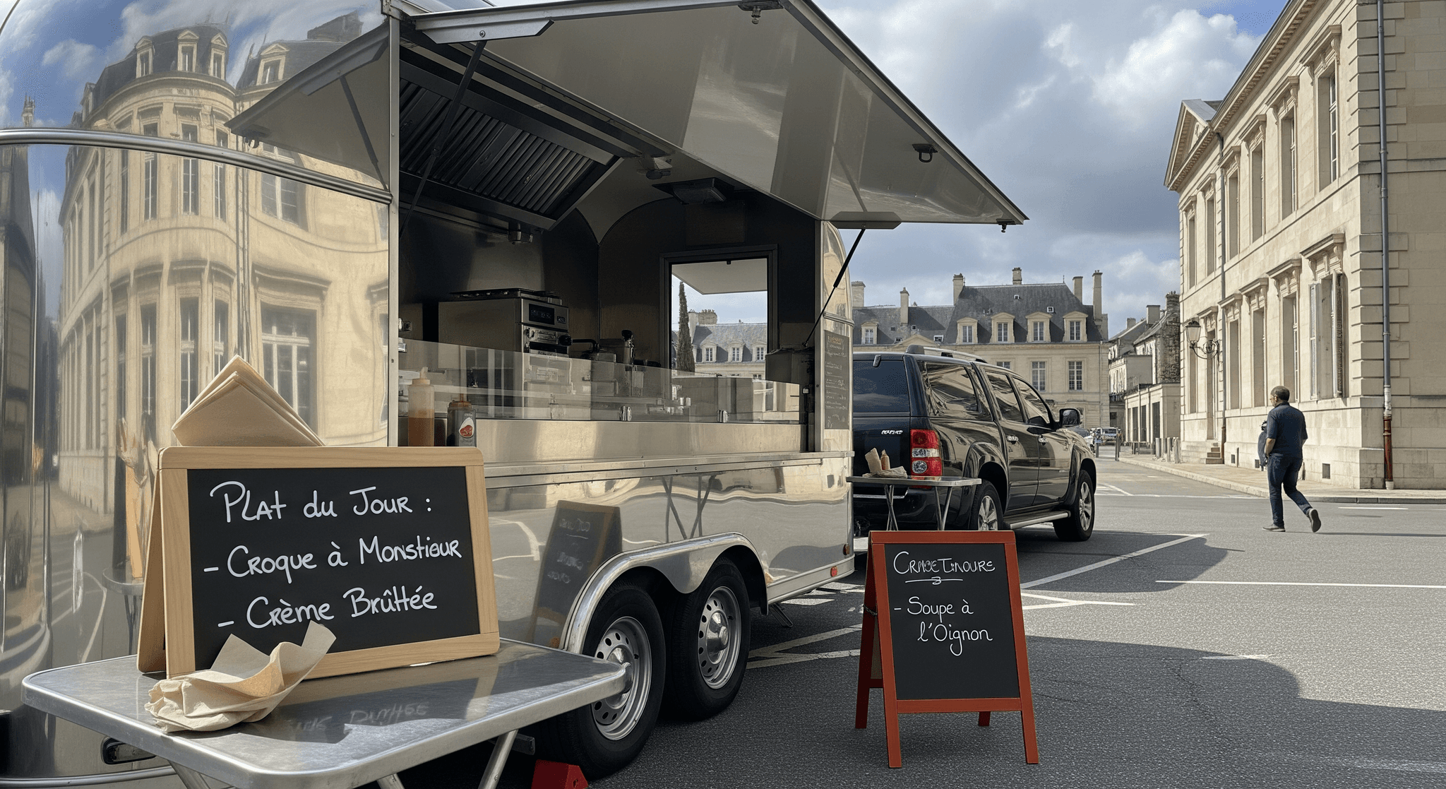Remorque food truck professionnelle en inox poli, cuisine équipée, installée en ville avec menus du jour affichés.