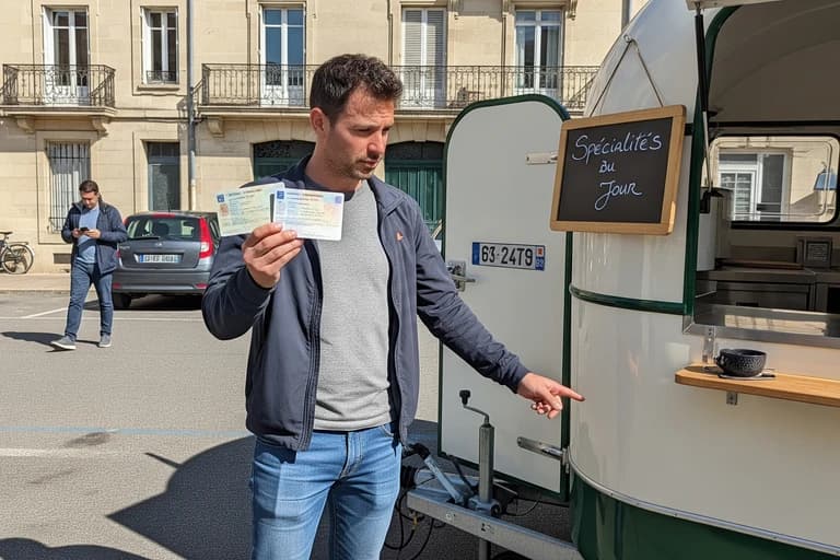 Homme montre permis et carte grise près d'une remorque food truck vintage aménagée, illustrant obligations légales.