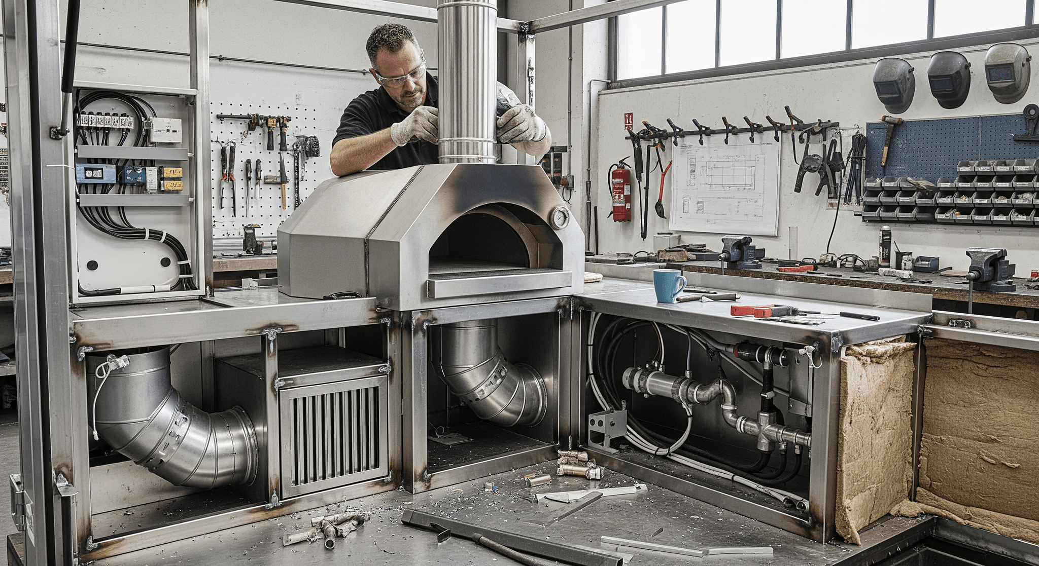 Intégration d'un four à pizza à bois professionnel en inox dans un aménagement sur mesure pour food truck ou remorque, en atelier.