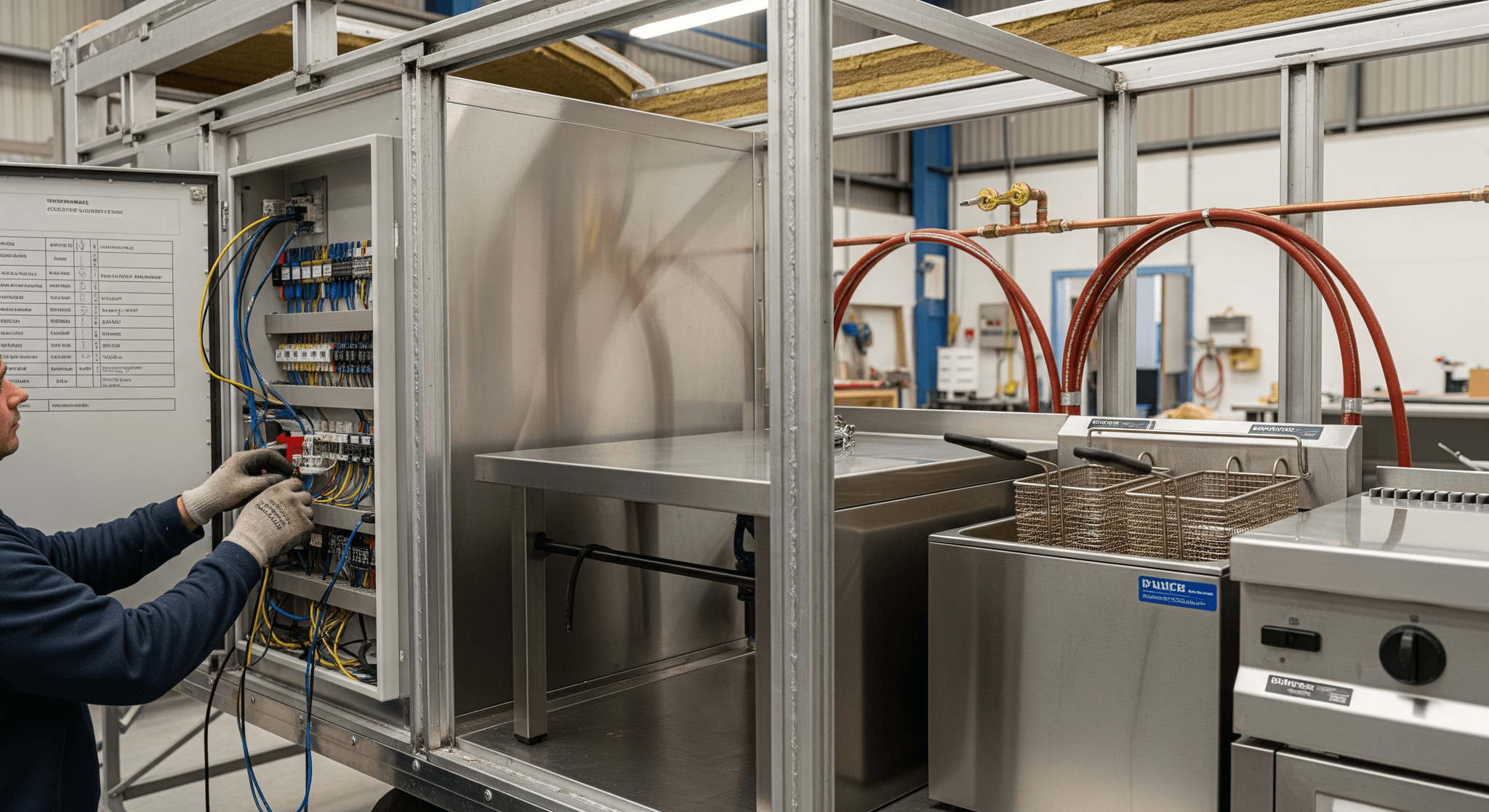Installation électrique d'une cuisine professionnelle pour food truck ou remorque, avec tableau et équipements en inox.