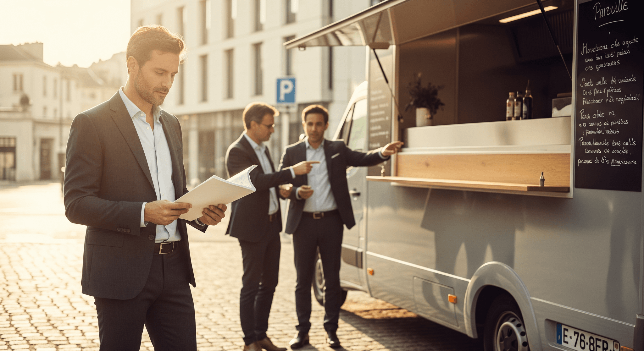 Entrepreneurs devant un food truck aménagé gris clair avec comptoir bois, discutant un projet de commerce ambulant.