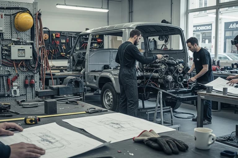 Atelier MCR: mécaniciens restaurant le châssis et le moteur d'un fourgon vintage pour conversion food truck.