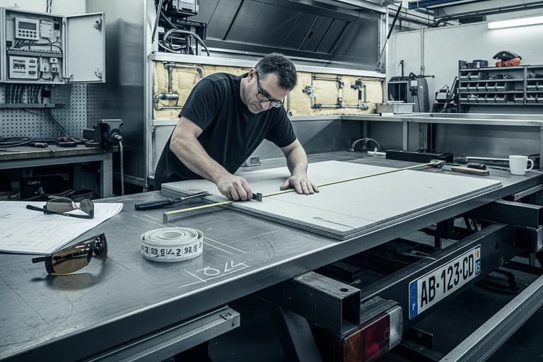 Technicien MCR mesurant un revêtement de sol gris résistant sur une structure de remorque en fabrication, pour food truck.