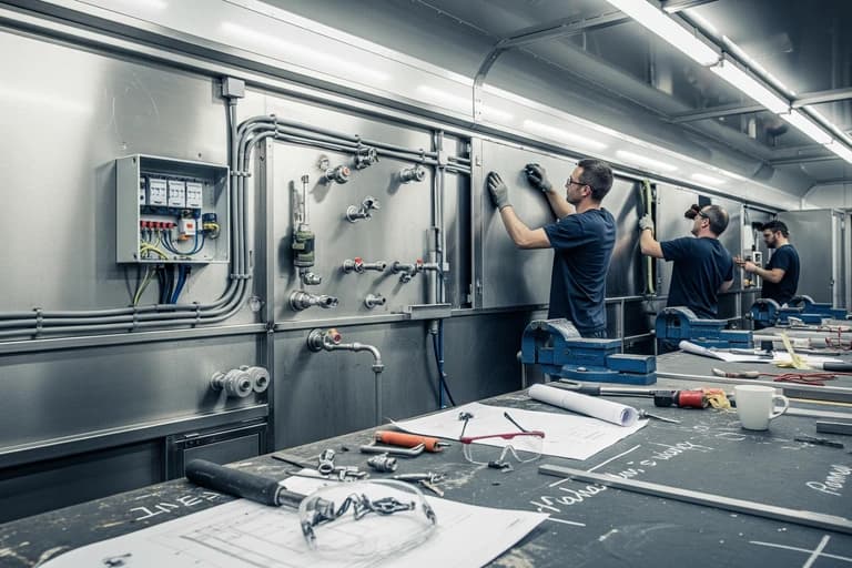 Techniciens MCR installant des revêtements muraux inox et systèmes électriques/plomberie dans un food truck en fabrication.