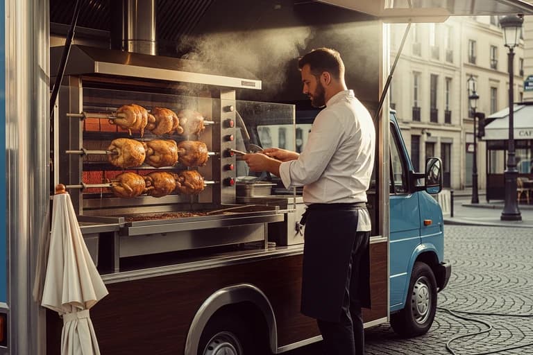 Food truck rôtisserie sur mesure avec chef et poulets rôtis dorés, prêt pour la restauration ambulante.