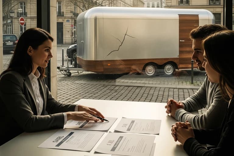 Conseil création entreprise restauration mobile : statuts juridiques SARL, SASU devant remorque food truck design bois et métal.