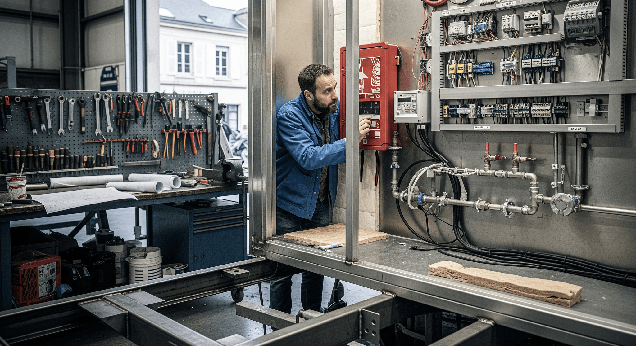 Technicien vérifiant le tableau électrique et le boîtier de sécurité incendie d'un container aménagé MCR en atelier.