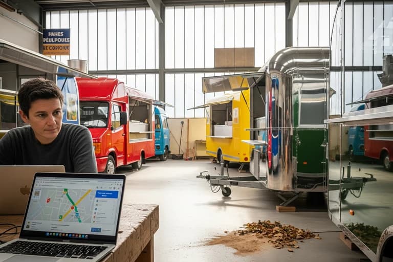 Concepteur travaillant sur un laptop affichant Google Maps dans l'atelier MCR, entouré de food trucks et remorques chromées.