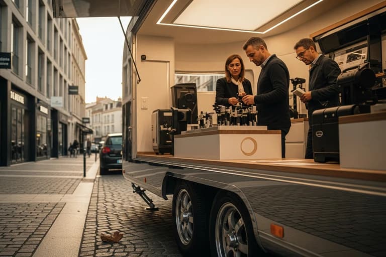 Remorque showroom mobile MCR stationnée en ville, présentant des équipements café haut de gamme avec trois experts.