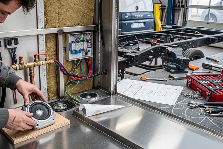 Installation d'une enceinte pour la sonorisation d'un food truck en fabrication, avec tableau électrique et plomberie.