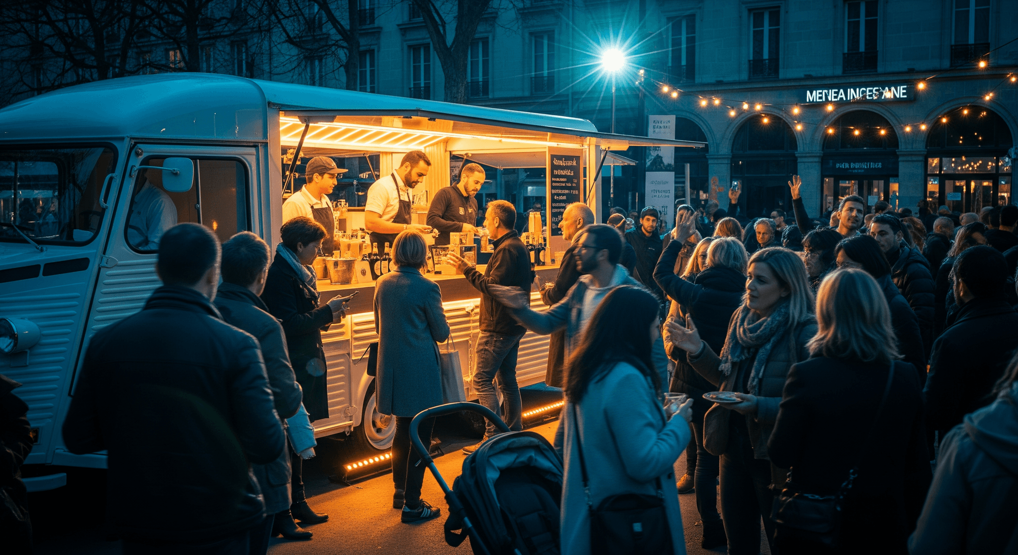 Food truck Citroën HY blanc en service, personnel préparant des dégustations pour une foule lors d'un événement nocturne animé.
