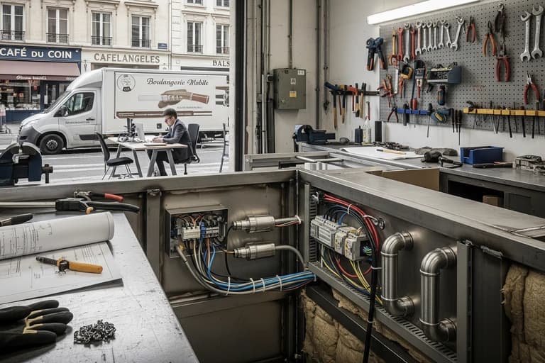 Atelier MCR : fabrication de food truck, installations électriques et plans techniques. À l'extérieur, une boulangerie mobile.