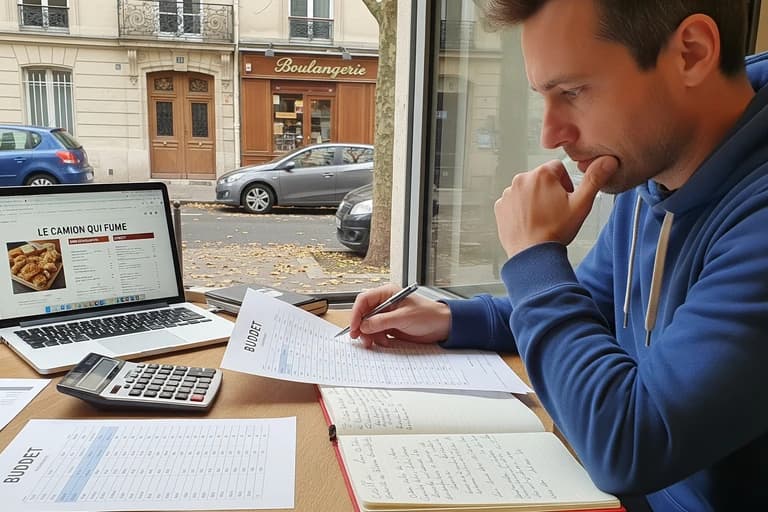 Entrepreneur réfléchissant à la stratégie de prix d'un food truck, analysant un budget sur papier et ordinateur.