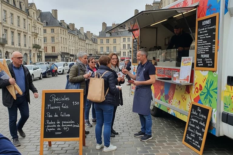 Food truck MCR blanc décoré, opérateur distribuant des flyers aux clients sur une place de ville pavée. Présence marketing ambulante.