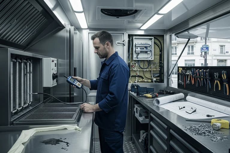 Technicien MCR inspectant un système de réfrigération intégré dans un food truck professionnel en acier inoxydable.