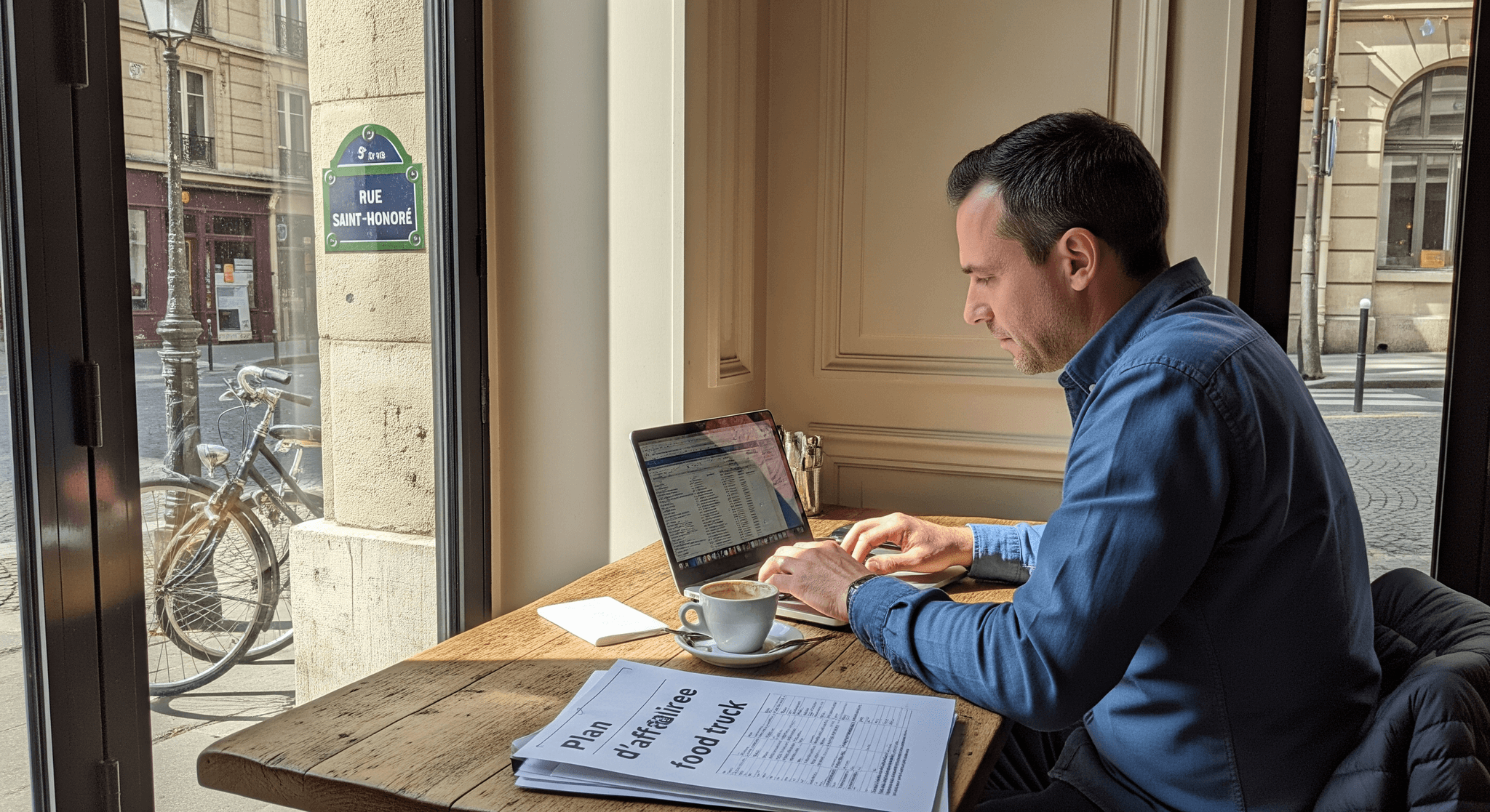 Entrepreneur élabore un business plan de food truck sur son laptop, café et documents à la Rue Saint-Honoré.