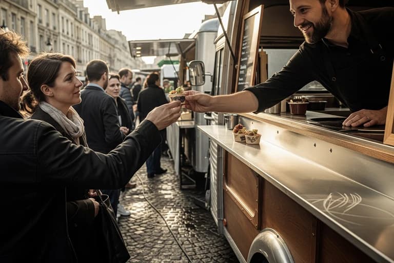 Vendeur souriant servant une dégustation à un client devant une remorque food truck au design bois et métal.