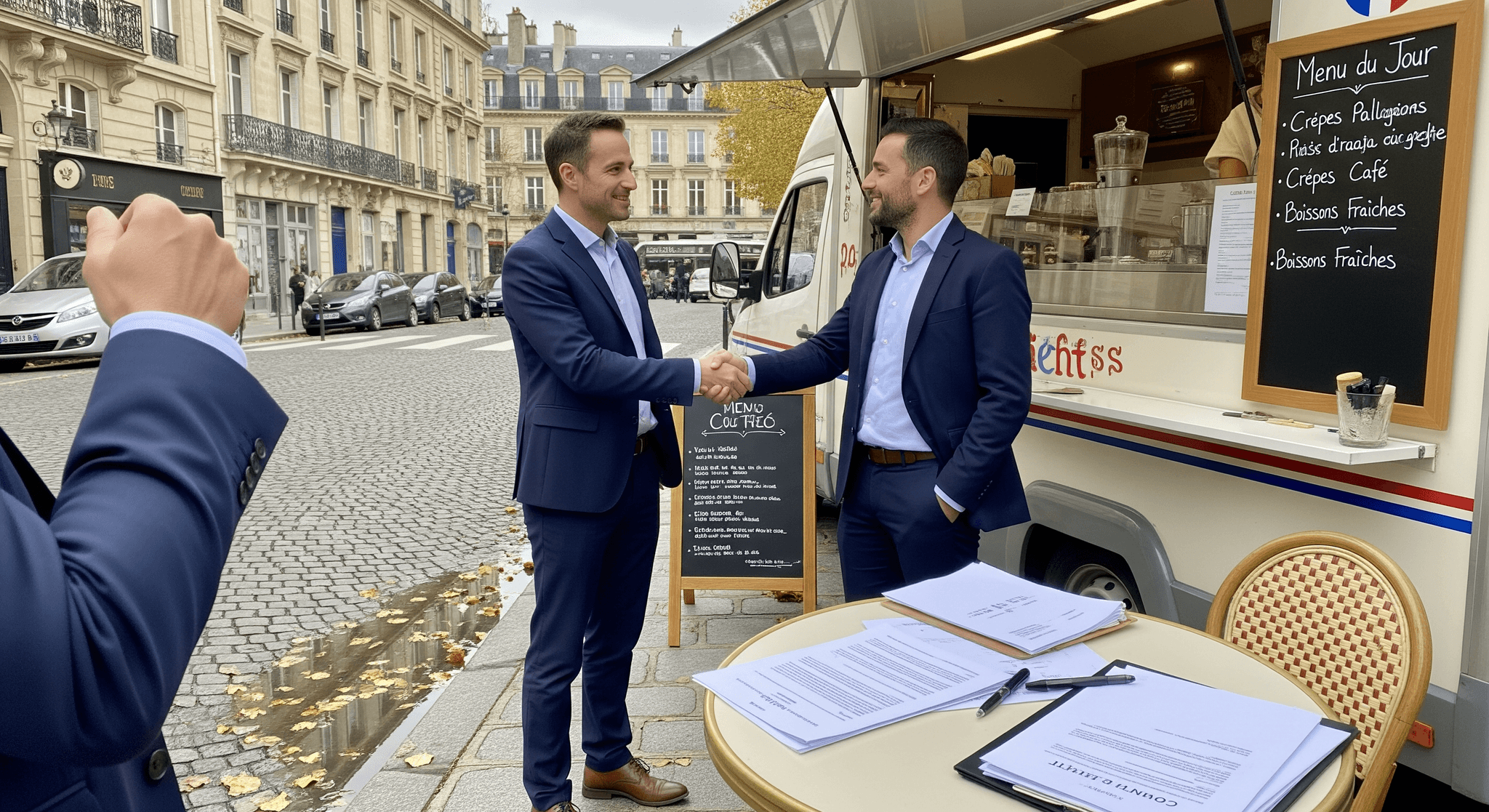 Cession d'activité de restauration mobile : deux hommes serrent la main devant un food truck de crêpes avec documents.
