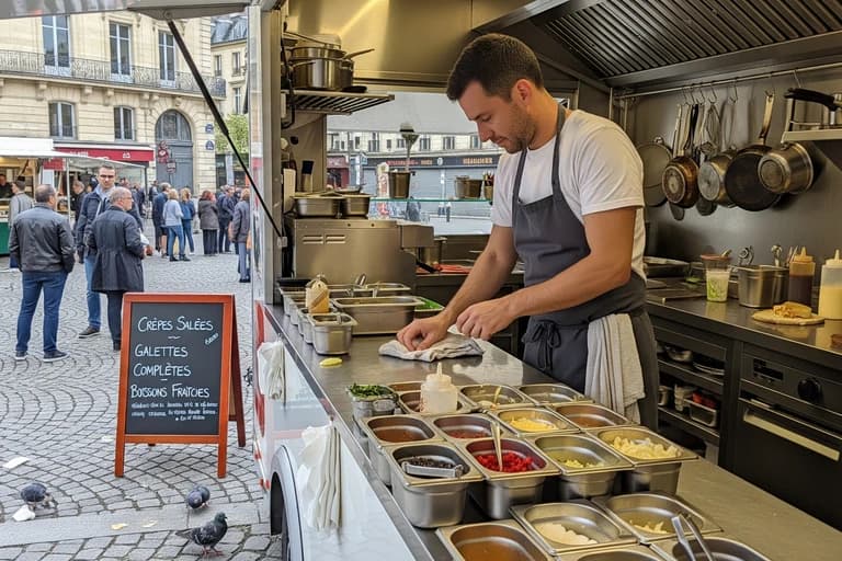 Chef préparant crêpes et galettes dans un food truck professionnel. Cuisine inox équipée, nombreux ingrédients frais en bacs.