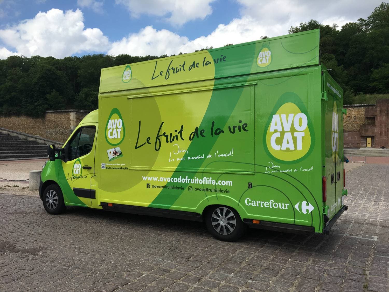 Renault Master vert avec total covering Carrefour Avocat Le fruit de la vie stationné sur une esplanade pavée