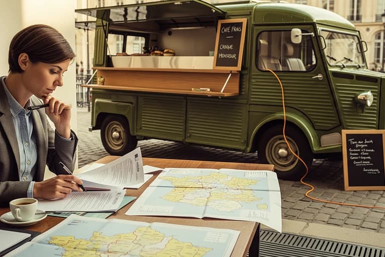 Entrepreneure planifiant projet, cartes et documents, devant un food truck Citroën HY vert aménagé pour la restauration ambulante.