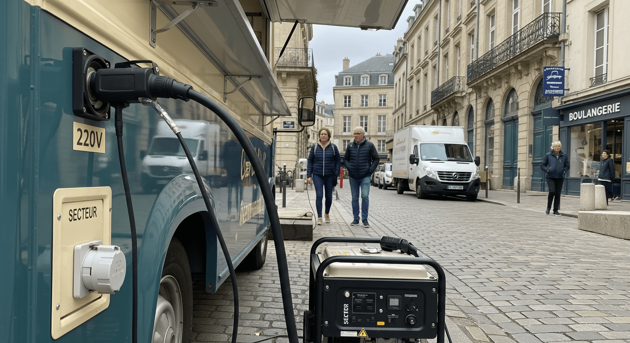 Food truck vintage MCR branché sur alimentation 220V et groupe électrogène, solution électrique autonome.