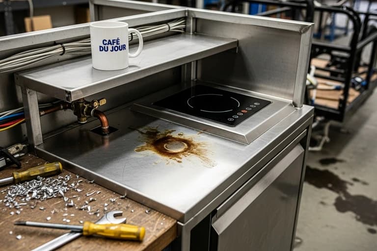 Aménagement inox d'un vélo cargo food truck avec plaque induction et plan de travail en cours d'installation