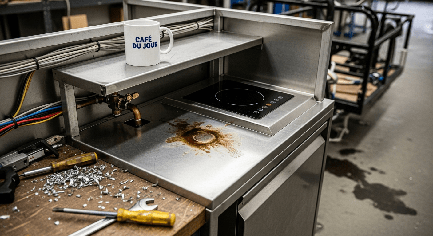 Aménagement inox d'un vélo cargo food truck avec plaque induction et plan de travail en cours d'installation