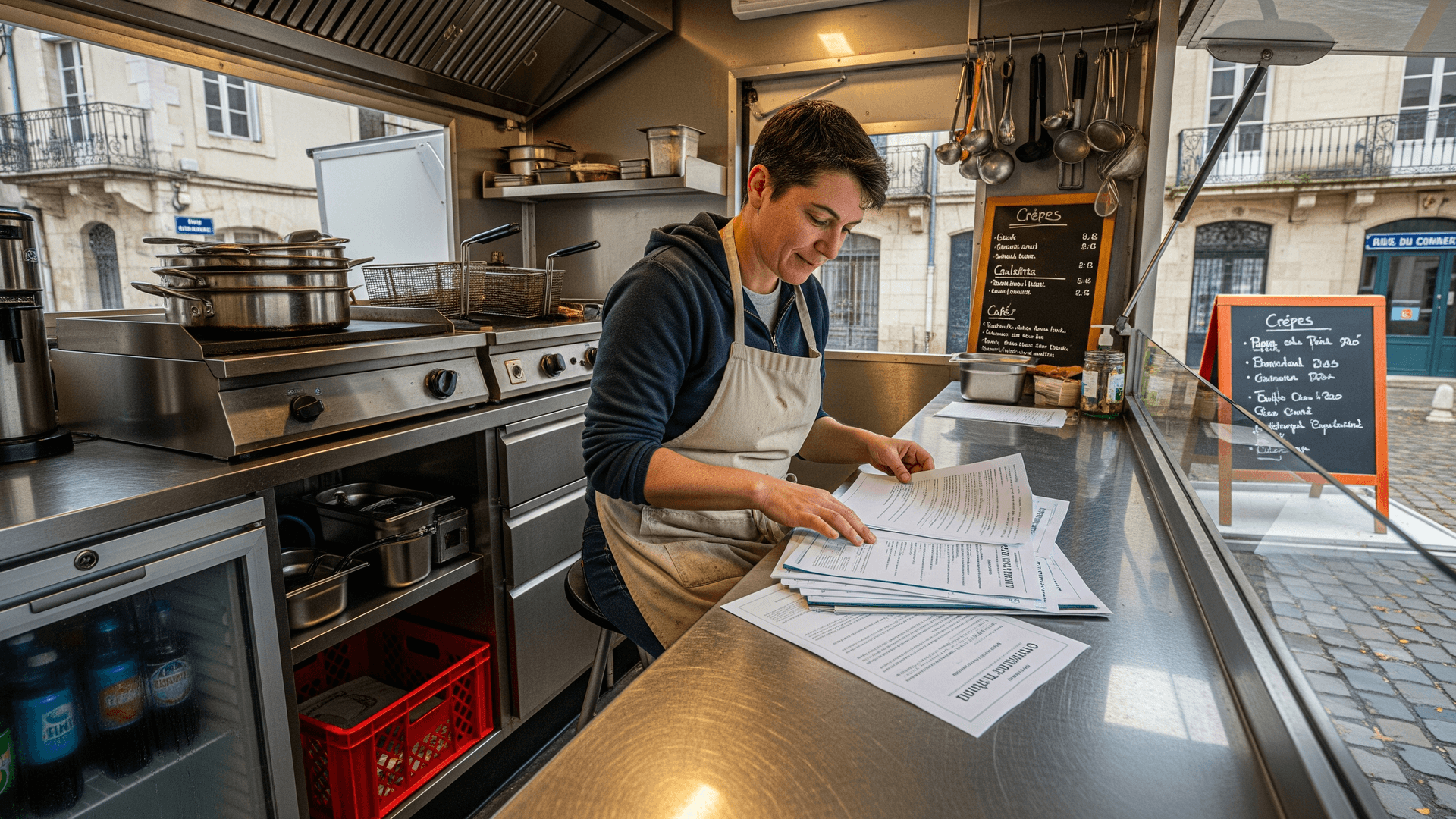 Aménagement intérieur de food truck crêperie : chef consultant documents sur comptoir inox, équipements professionnels visibles.