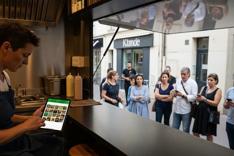 Opérateur de food truck gérant les commandes sur tablette tactile. Des clients patientent devant le comptoir de ce concept mobile.