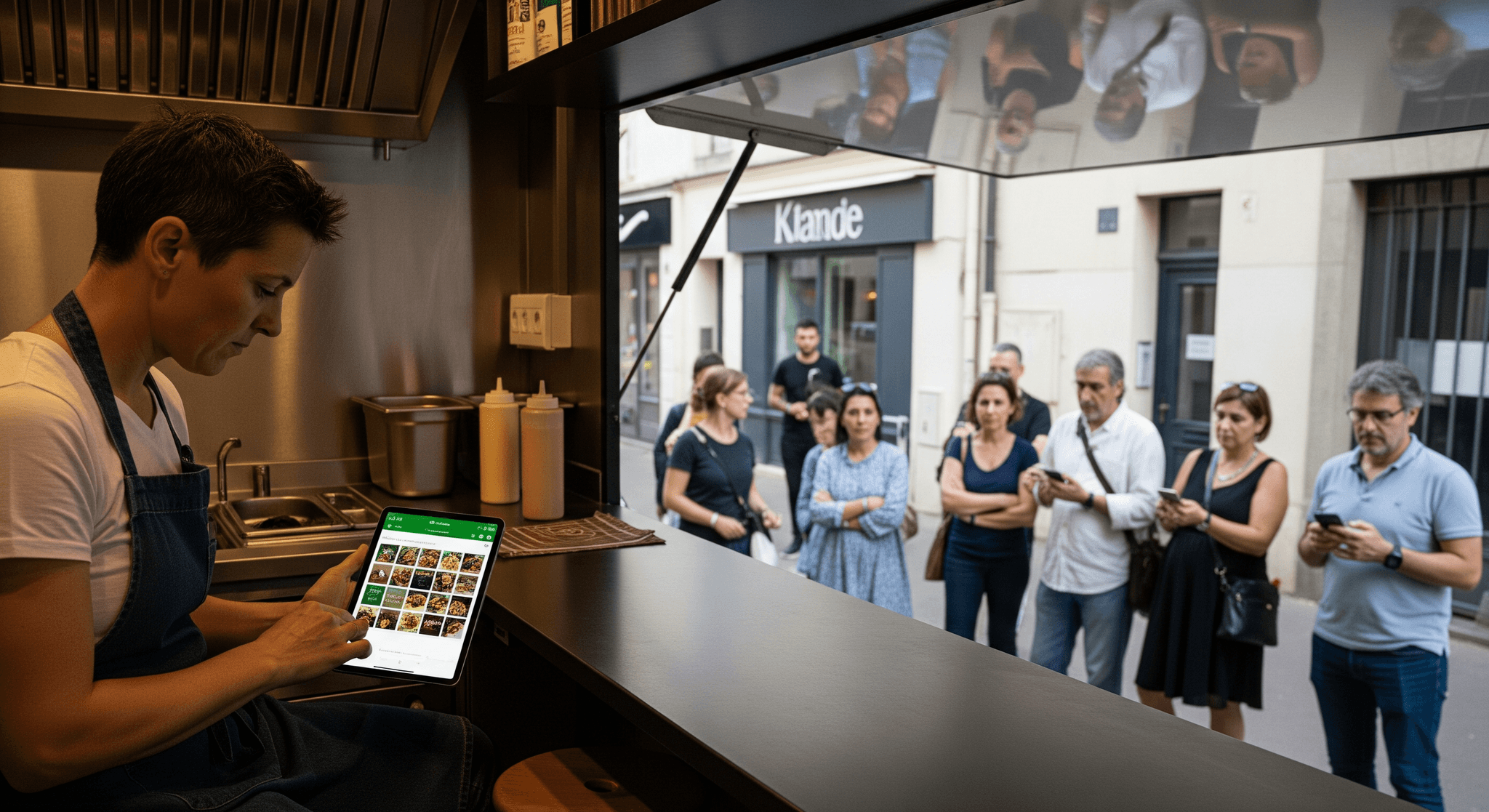Opérateur de food truck gérant les commandes sur tablette tactile. Des clients patientent devant le comptoir de ce concept mobile.